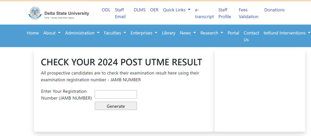 DELSU Post UTME result portal